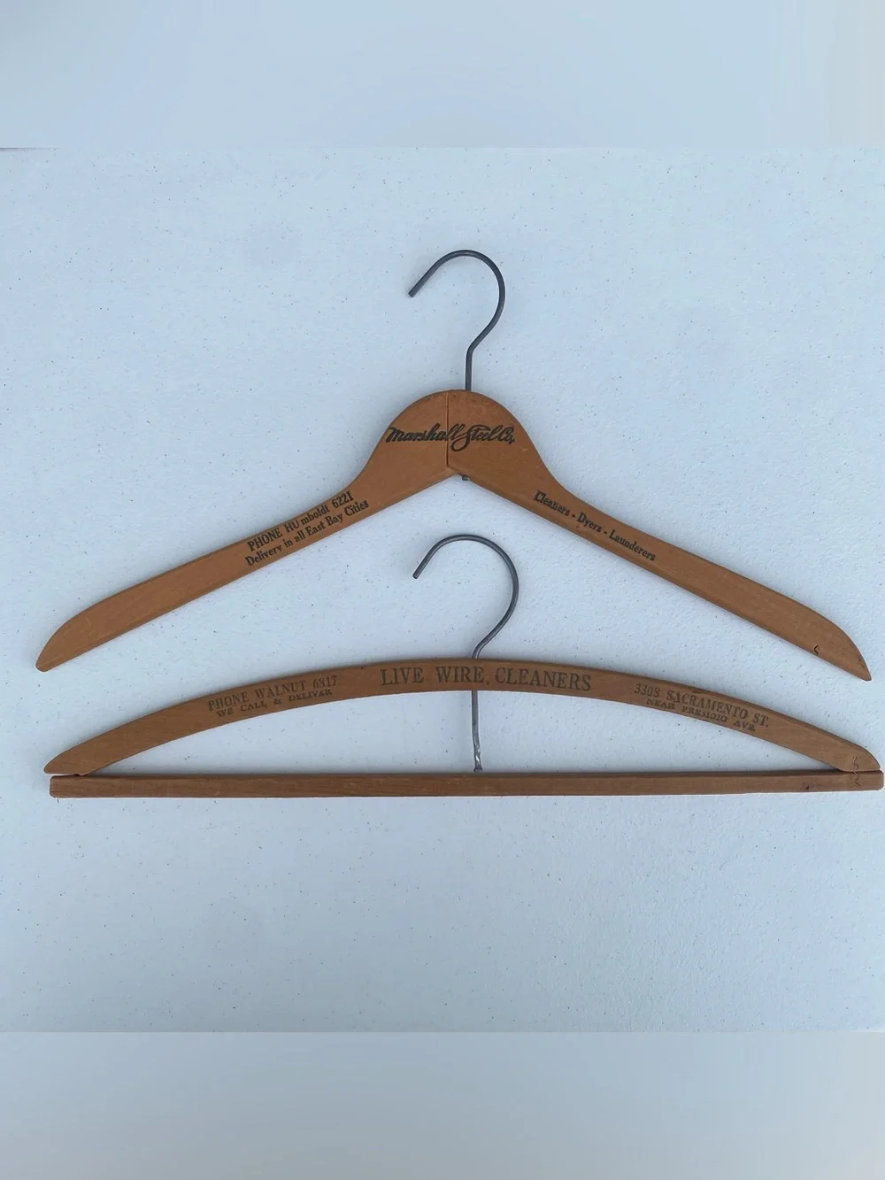 Lot of 2 : Vintage Wooden Advertising Clothes Hangers Marshall Steel Live Wire